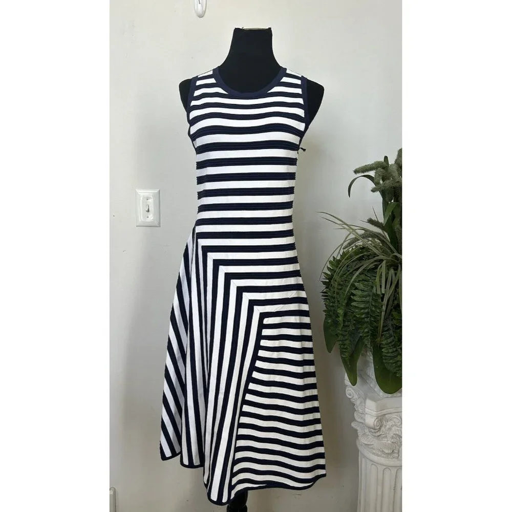 New Michael Michael Kors‎ True Navy White Mixed-Stripe Fit Flare Dress Sz L $225